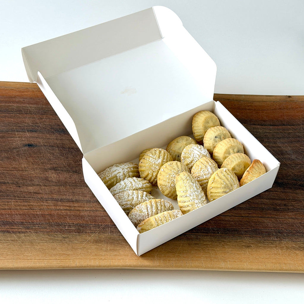 Zeena Bakery mixed maamoul cookies (date, walnut, and pistachio) in an open box