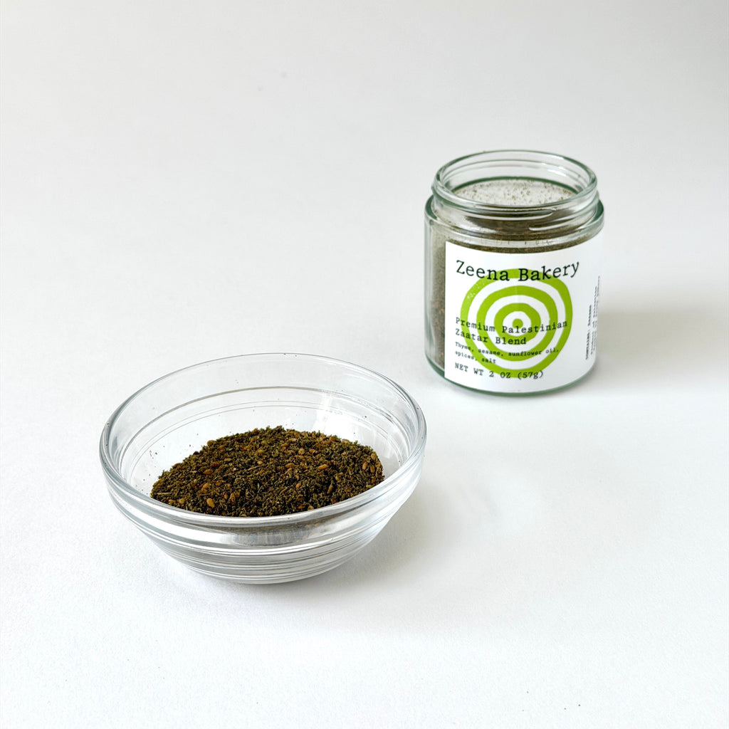 Zeena Bakery zaatar 2 oz glass jar and in a bowl